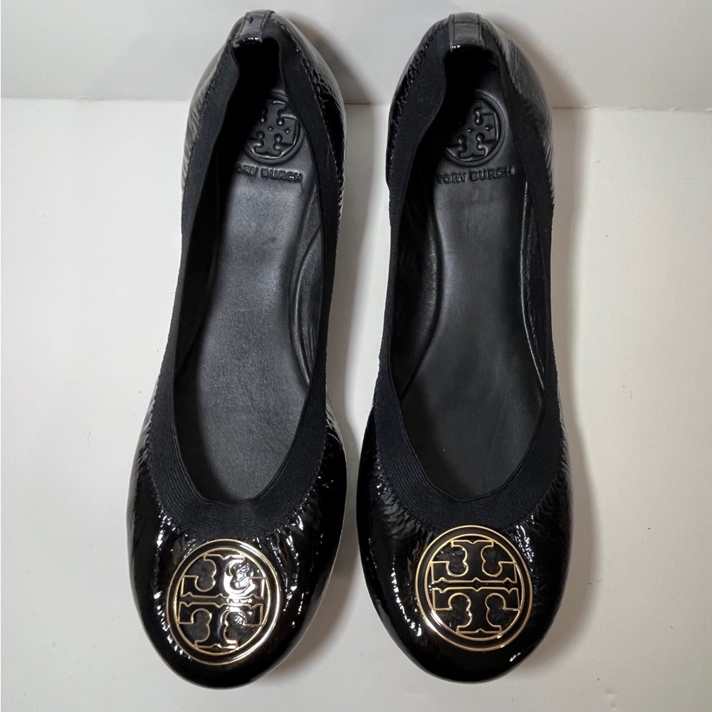 Tory Burch Black Patent Leather Caroline Logo Ballet Flats